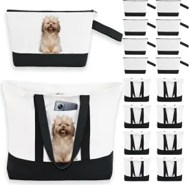 16 Pack Canvas Tote Bags Bulk and Makeup Pouches Set, 12oz Heavy Duty Reusable Zippered Grocery Shopping Bags with Handles for Beach Travel DIY Sublimation, Two-Tone Tote Bags for Women & Moms