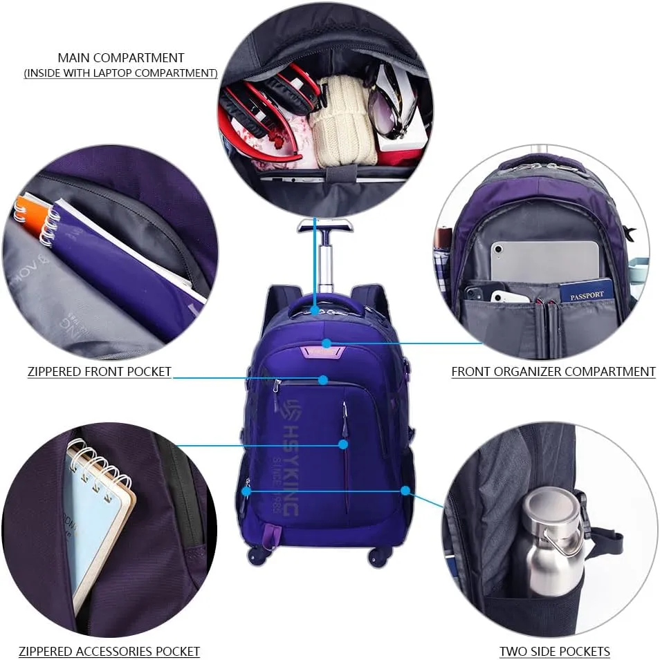 20 Inches Water-resistant Rolling Laptop Backpack Wheeled Backpack for Adult, Business People and Travel Commuter Carry-on Luggage with Spinner Wheels Travel Luggage (Purple, 20 Inches)