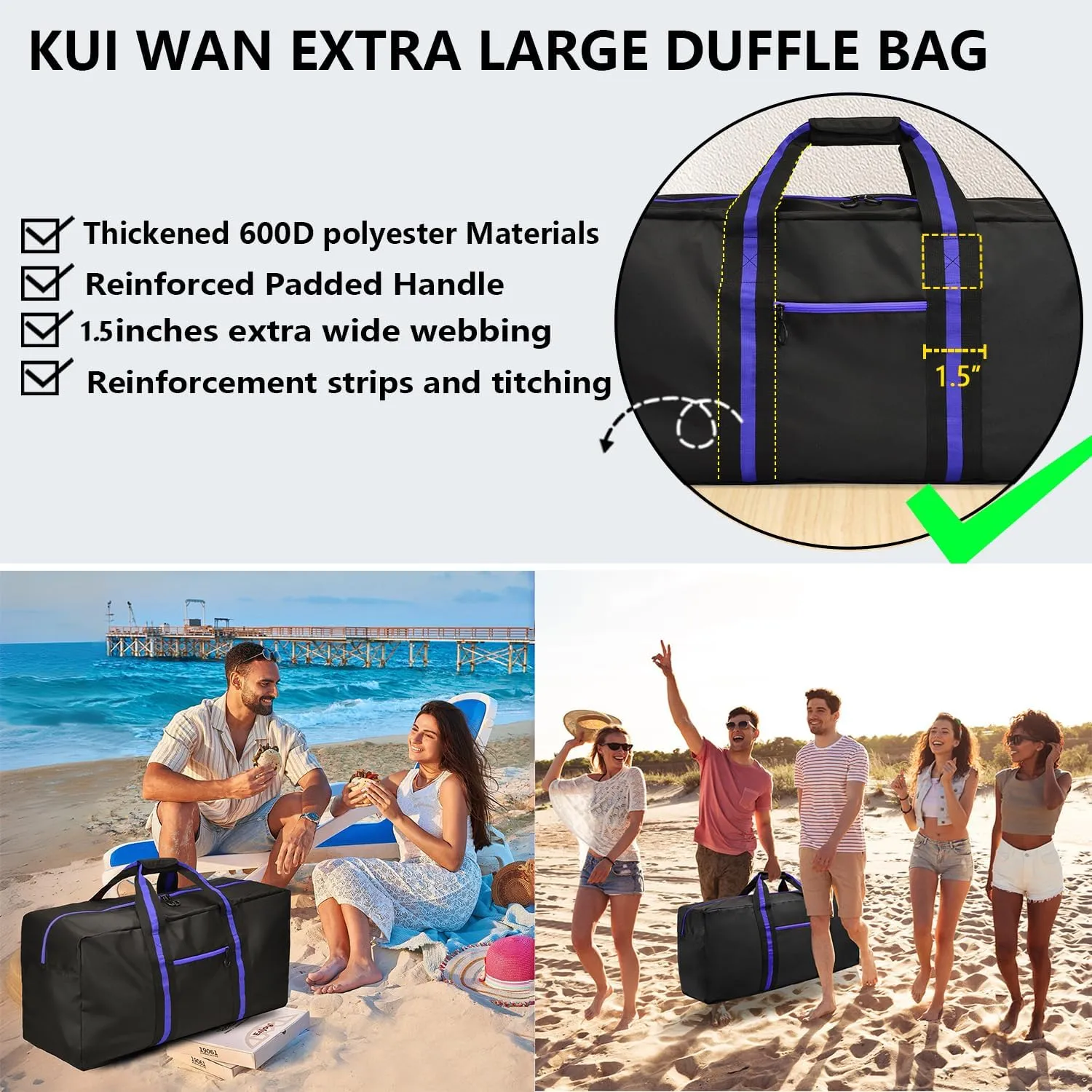 24.8  Travel Bag, Duffle Bag for Men Women, Large 60L Weekender Overnight Bag with Trolley Sleeve and Wet Pocket