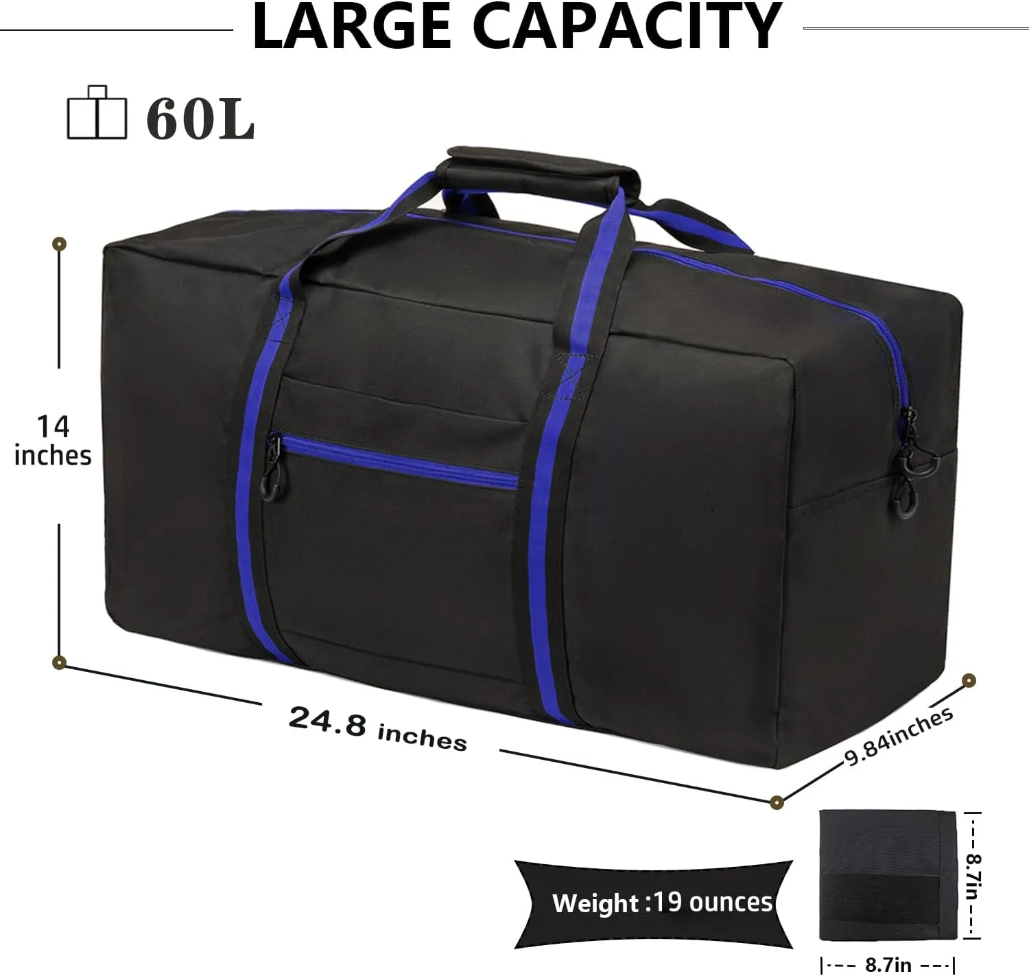 24.8  Travel Bag, Duffle Bag for Men Women, Large 60L Weekender Overnight Bag with Trolley Sleeve and Wet Pocket