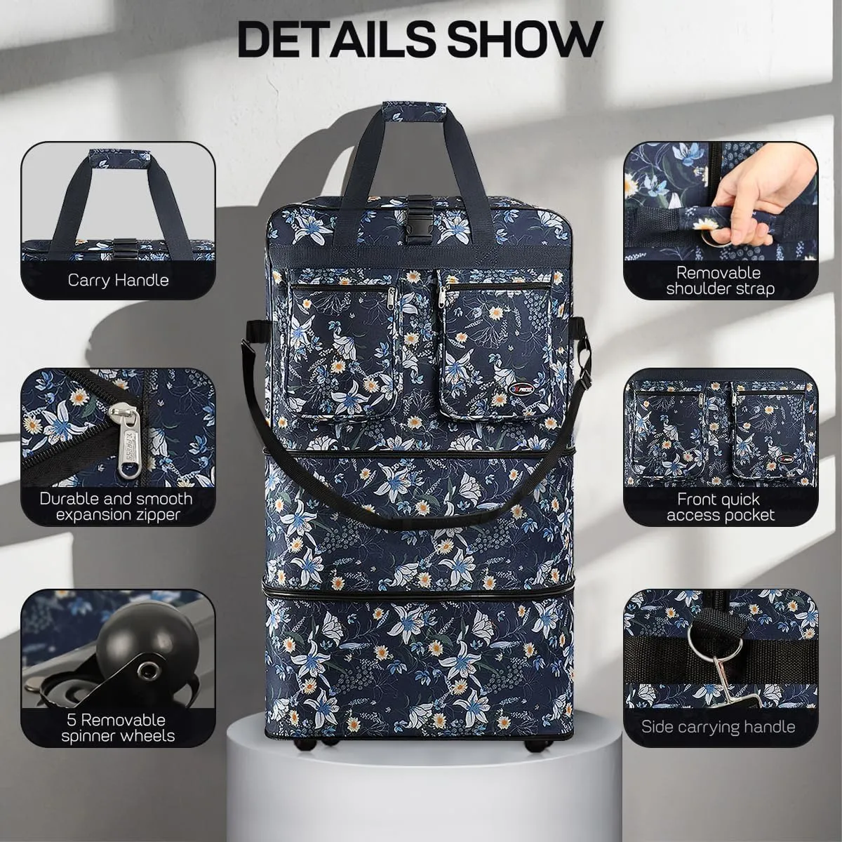 30" 36" 40" Rolling Wheeled Duffel Bag Spinner Luggage Expandable (BlueLilies, 30")