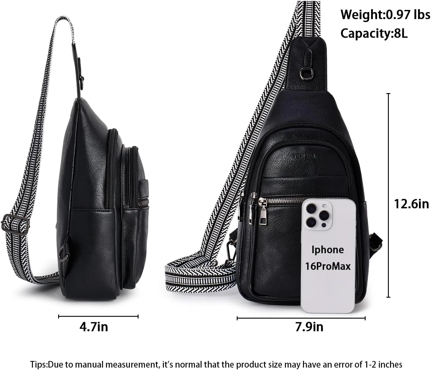 8L Crossbody Sling Bag Fanny Pack For Women Men Backpack Travel Shoulder Bags Purse Handbag Gifts For Her PU Leather Black