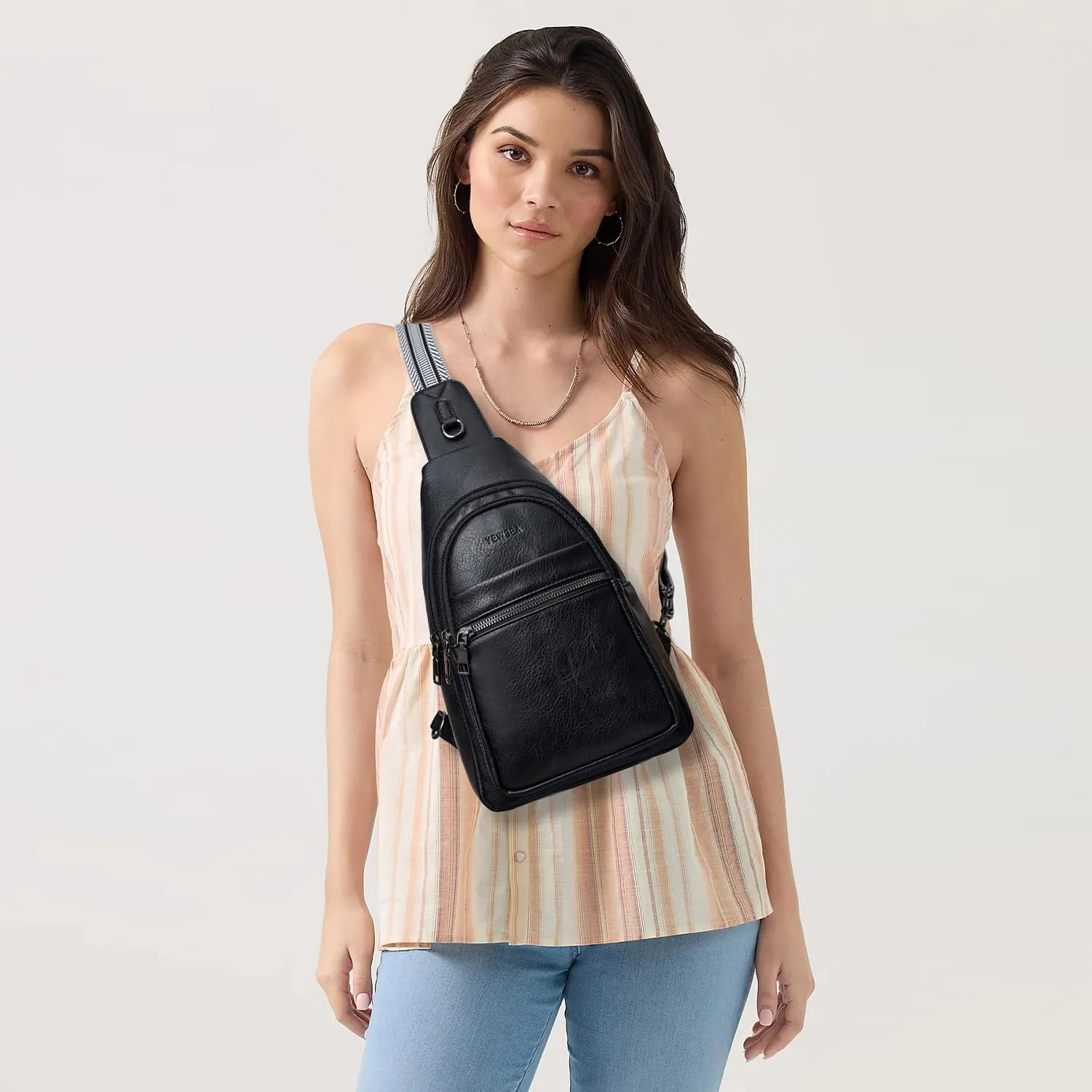 8L Crossbody Sling Bag Fanny Pack For Women Men Backpack Travel Shoulder Bags Purse Handbag Gifts For Her PU Leather Black