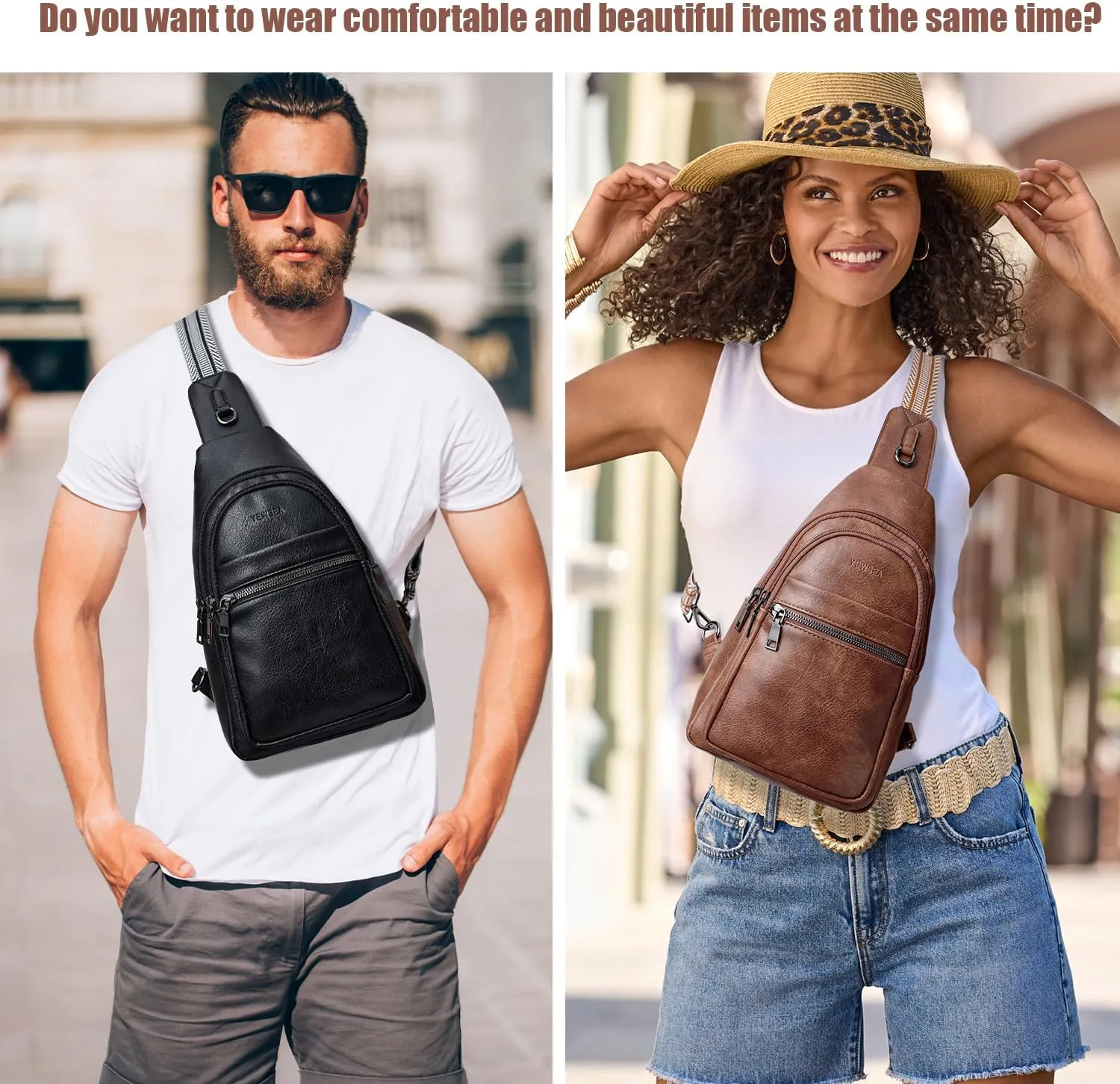 8L Crossbody Sling Bag Fanny Pack For Women Men Backpack Travel Shoulder Bags Purse Handbag Gifts For Her PU Leather Black