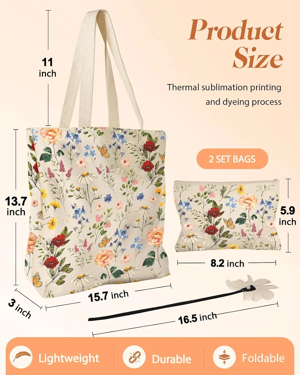 Aesthetic 2 Pack Canvas Tote Bag - with Makeup Pouch Bag for Women Reusable Grocery Bag for Gym, Travel, Work