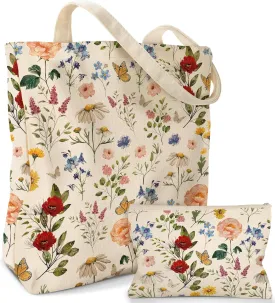 Aesthetic 2 Pack Canvas Tote Bag - with Makeup Pouch Bag for Women Reusable Grocery Bag for Gym, Travel, Work
