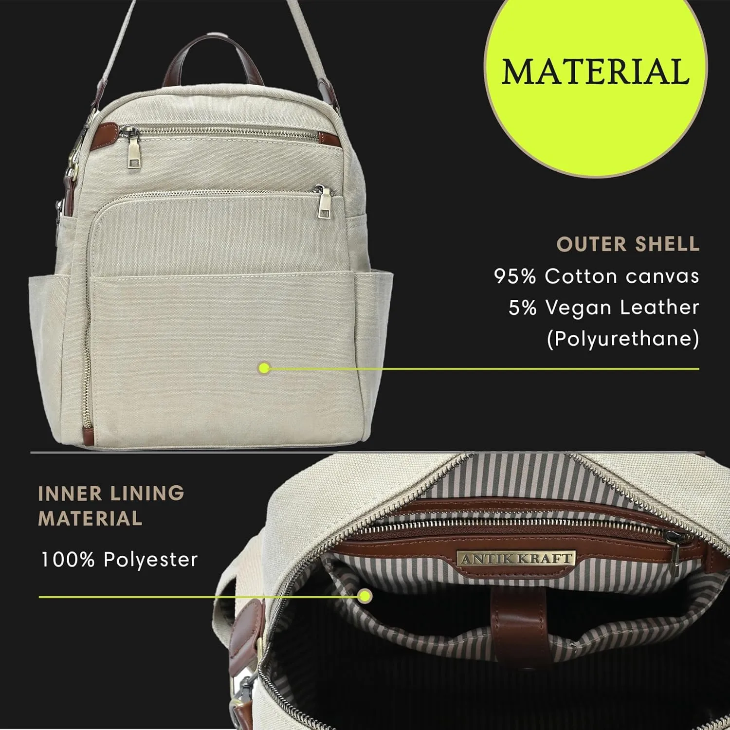 Antik Kraft Willa Canvas Backpack (Beige) | Convertible Backpack Purse for Women | Heavy Duty Canvas Shoulder Bag | 13" L x 4" W x 14" H