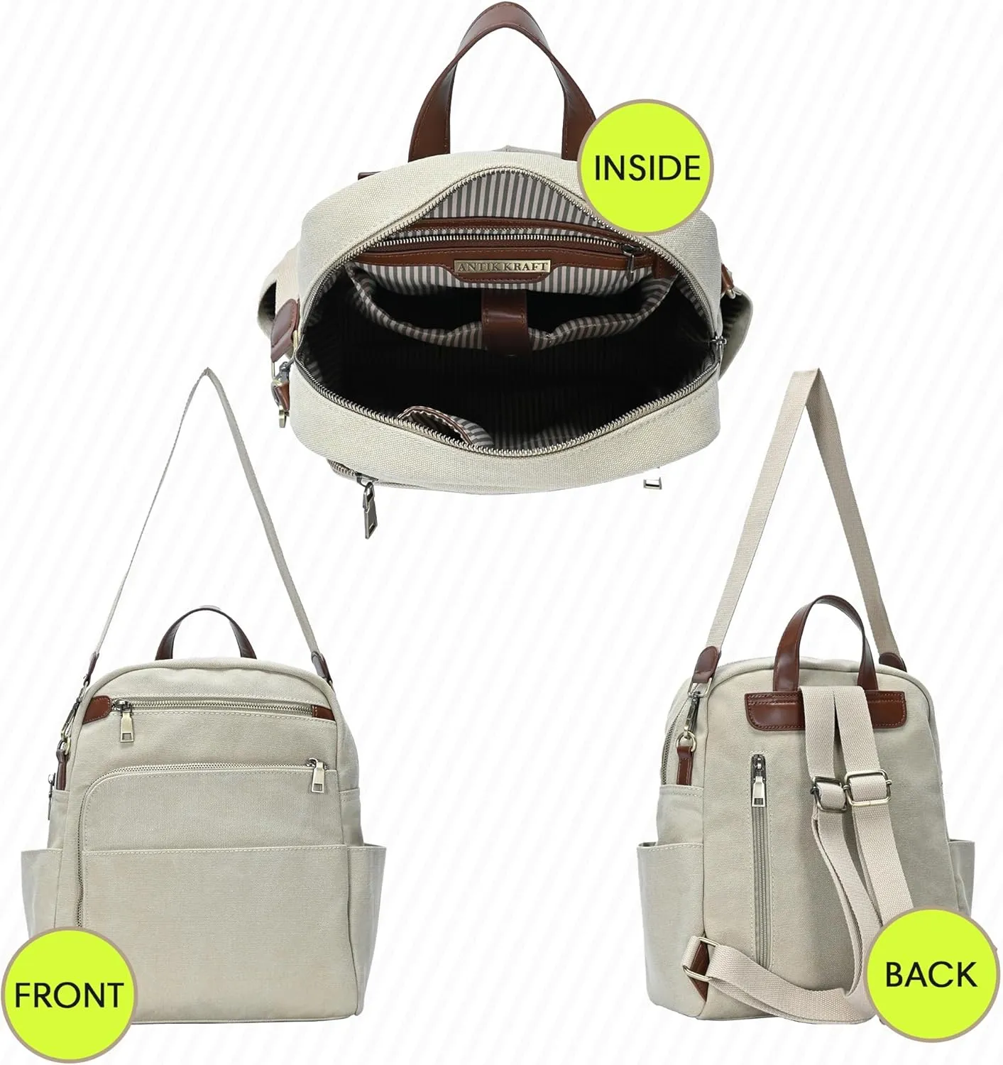 Antik Kraft Willa Canvas Backpack (Beige) | Convertible Backpack Purse for Women | Heavy Duty Canvas Shoulder Bag | 13" L x 4" W x 14" H