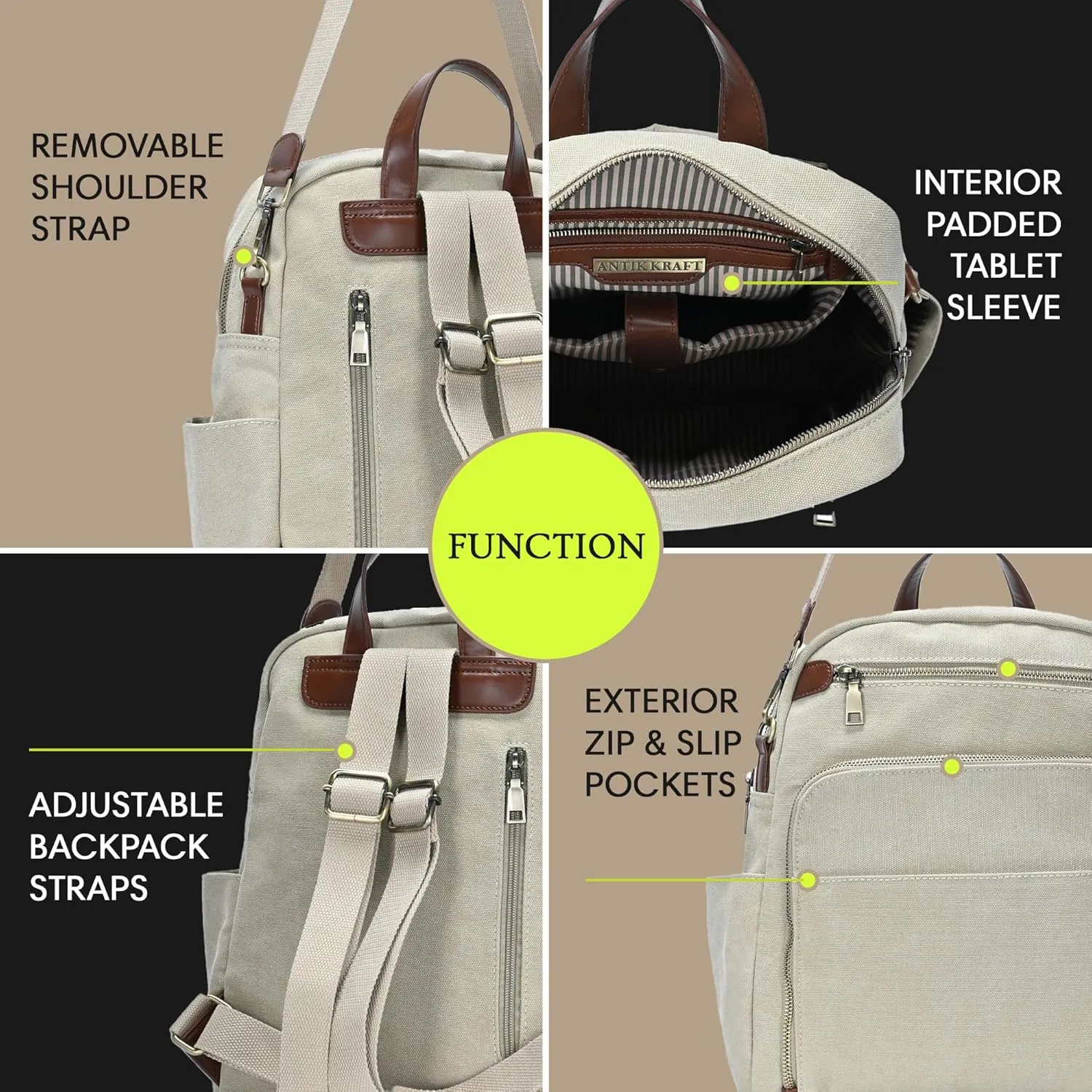 Antik Kraft Willa Canvas Backpack (Beige) | Convertible Backpack Purse for Women | Heavy Duty Canvas Shoulder Bag | 13" L x 4" W x 14" H