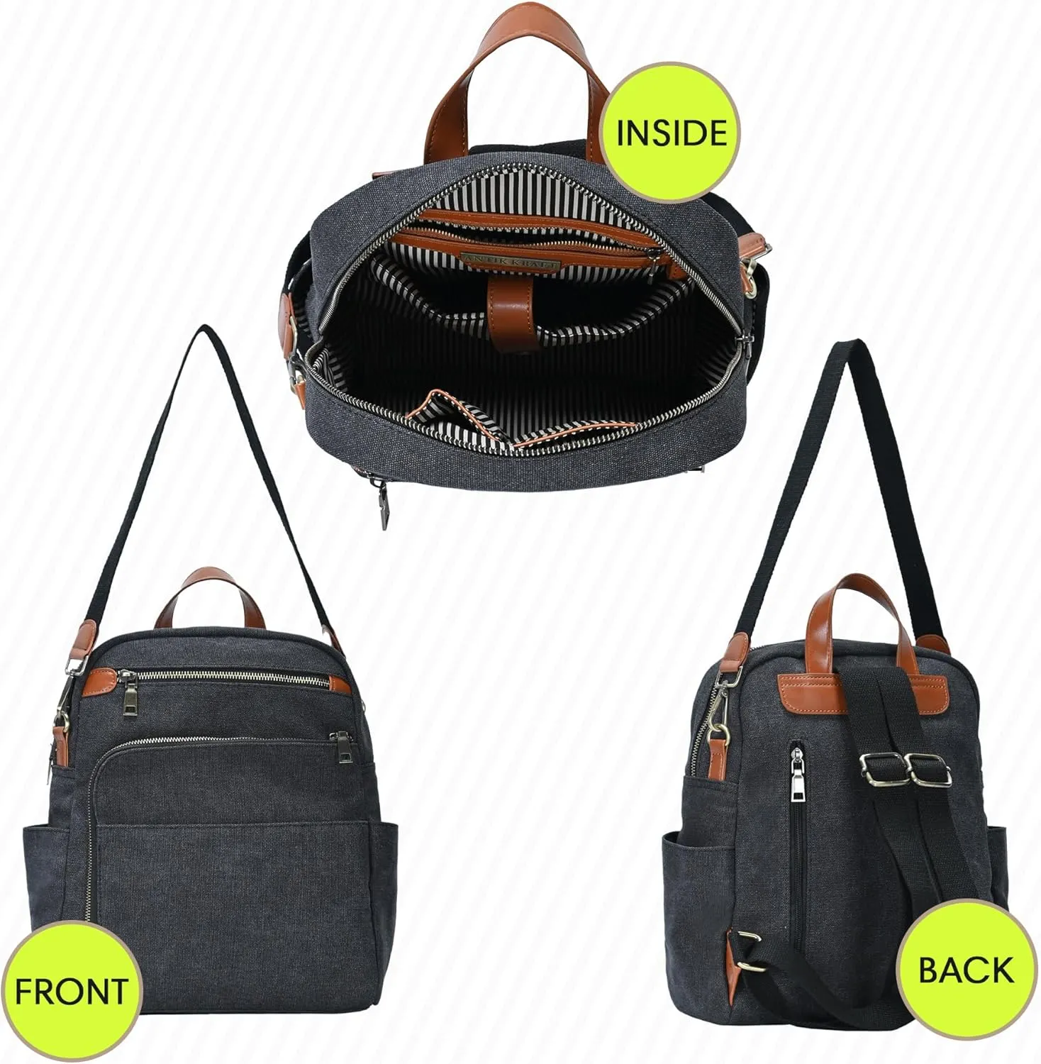 Antik Kraft Willa Canvas Backpack (Black) | Convertible Backpack Purse for Women | Heavy Duty Canvas Shoulder Bag | 13" L x 4" W x 14" H