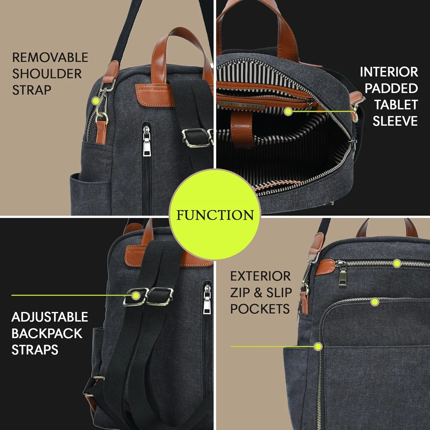 Antik Kraft Willa Canvas Backpack (Black) | Convertible Backpack Purse for Women | Heavy Duty Canvas Shoulder Bag | 13" L x 4" W x 14" H