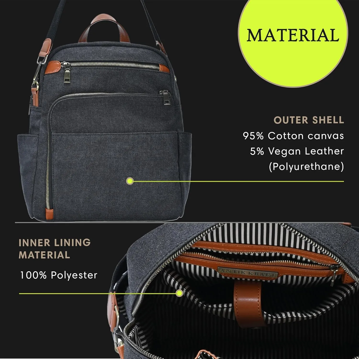 Antik Kraft Willa Canvas Backpack (Black) | Convertible Backpack Purse for Women | Heavy Duty Canvas Shoulder Bag | 13" L x 4" W x 14" H