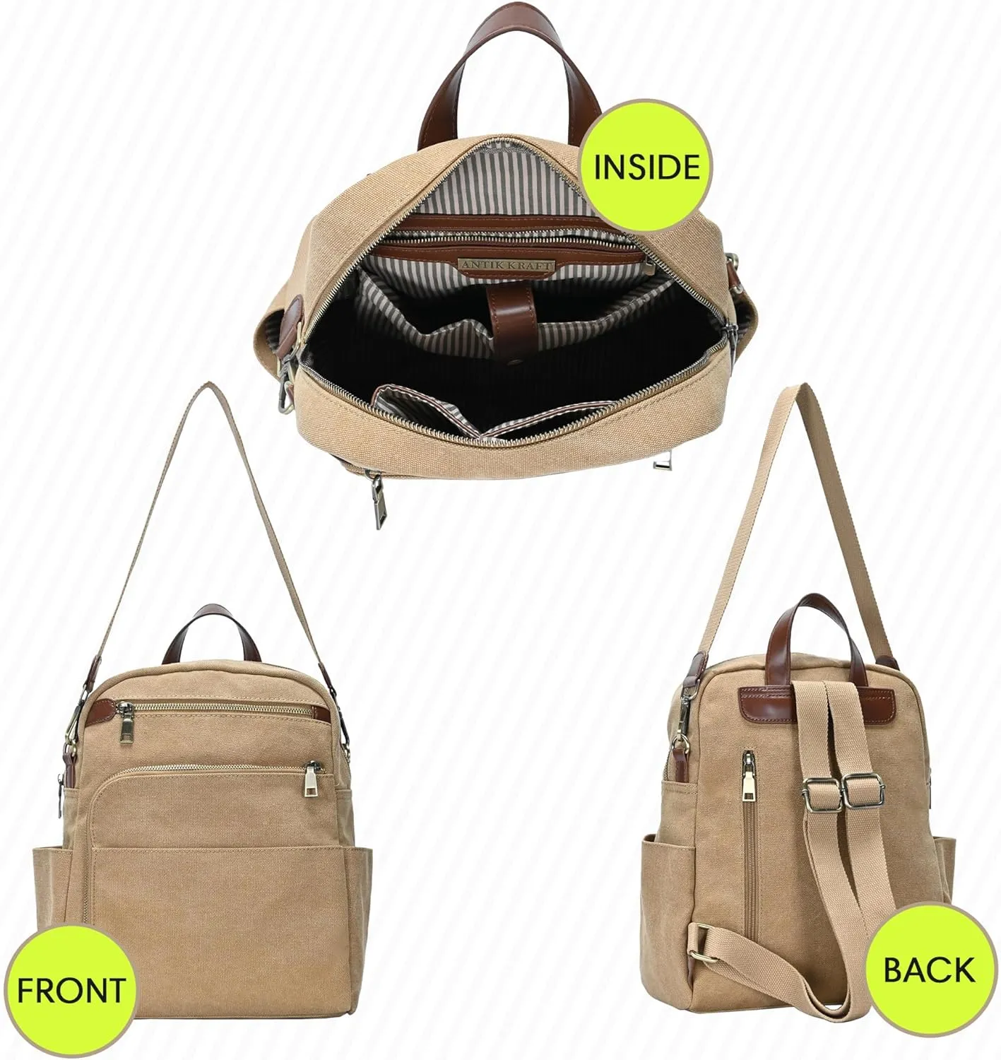 Antik Kraft Willa Canvas Backpack (Camel) | Convertible Backpack Purse for Women | Heavy Duty Canvas Shoulder Bag | 13" L x 4" W x 14" H