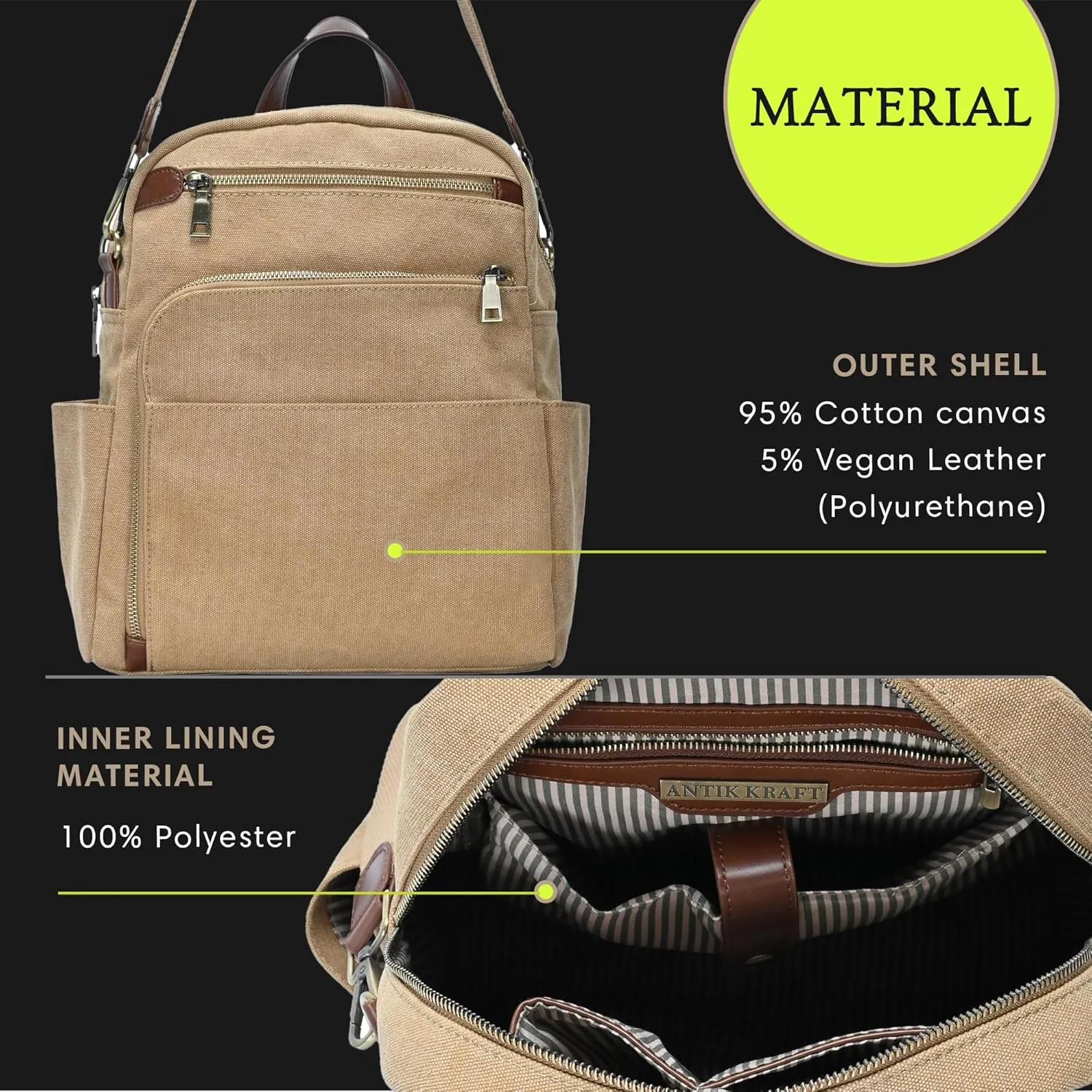 Antik Kraft Willa Canvas Backpack (Camel) | Convertible Backpack Purse for Women | Heavy Duty Canvas Shoulder Bag | 13" L x 4" W x 14" H