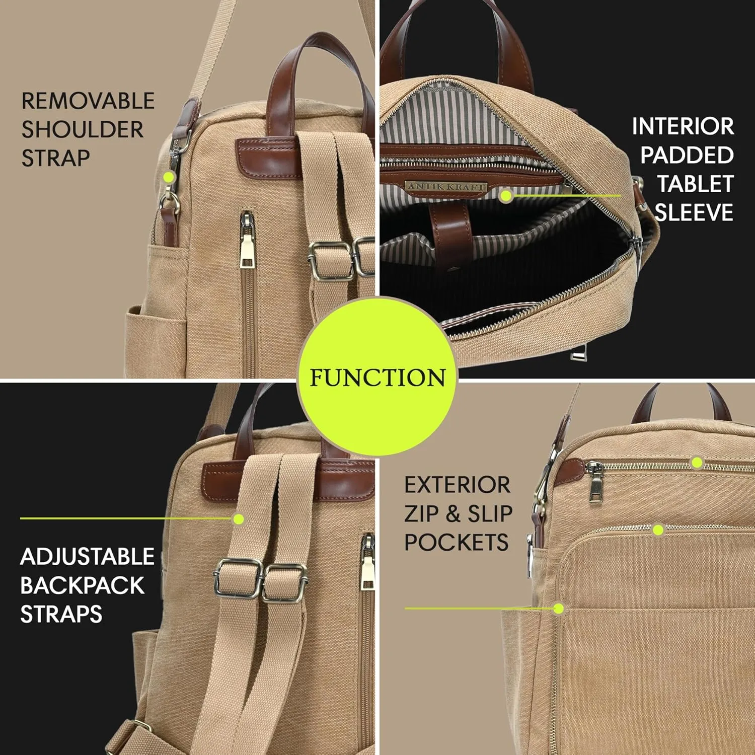 Antik Kraft Willa Canvas Backpack (Camel) | Convertible Backpack Purse for Women | Heavy Duty Canvas Shoulder Bag | 13" L x 4" W x 14" H