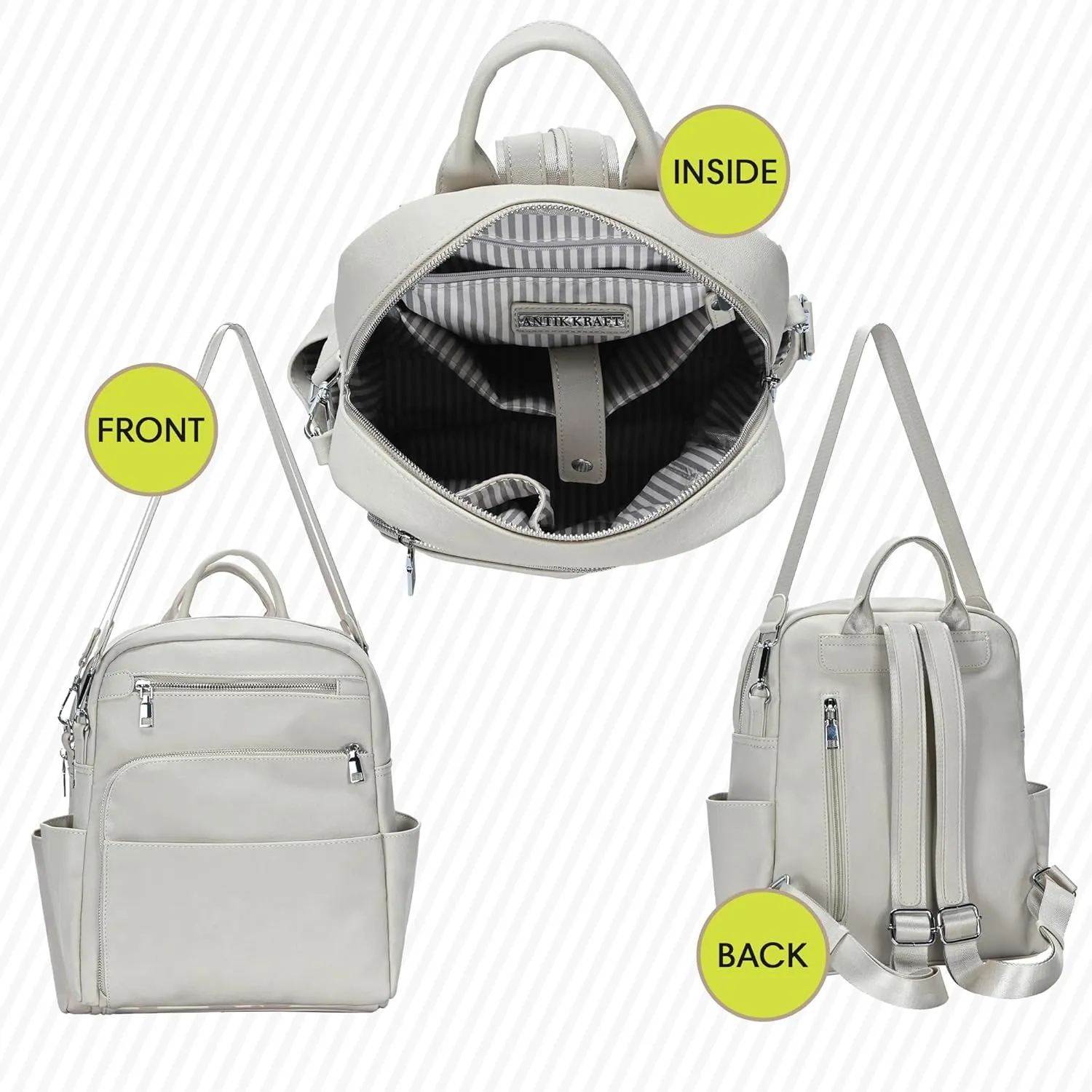 Antik Kraft Willa Vegan Leather Backpack (Bone) | Convertible Backpack Purse for Women | Vegan Leather Shoulder Bag | 13" L x 4" W x 14" H