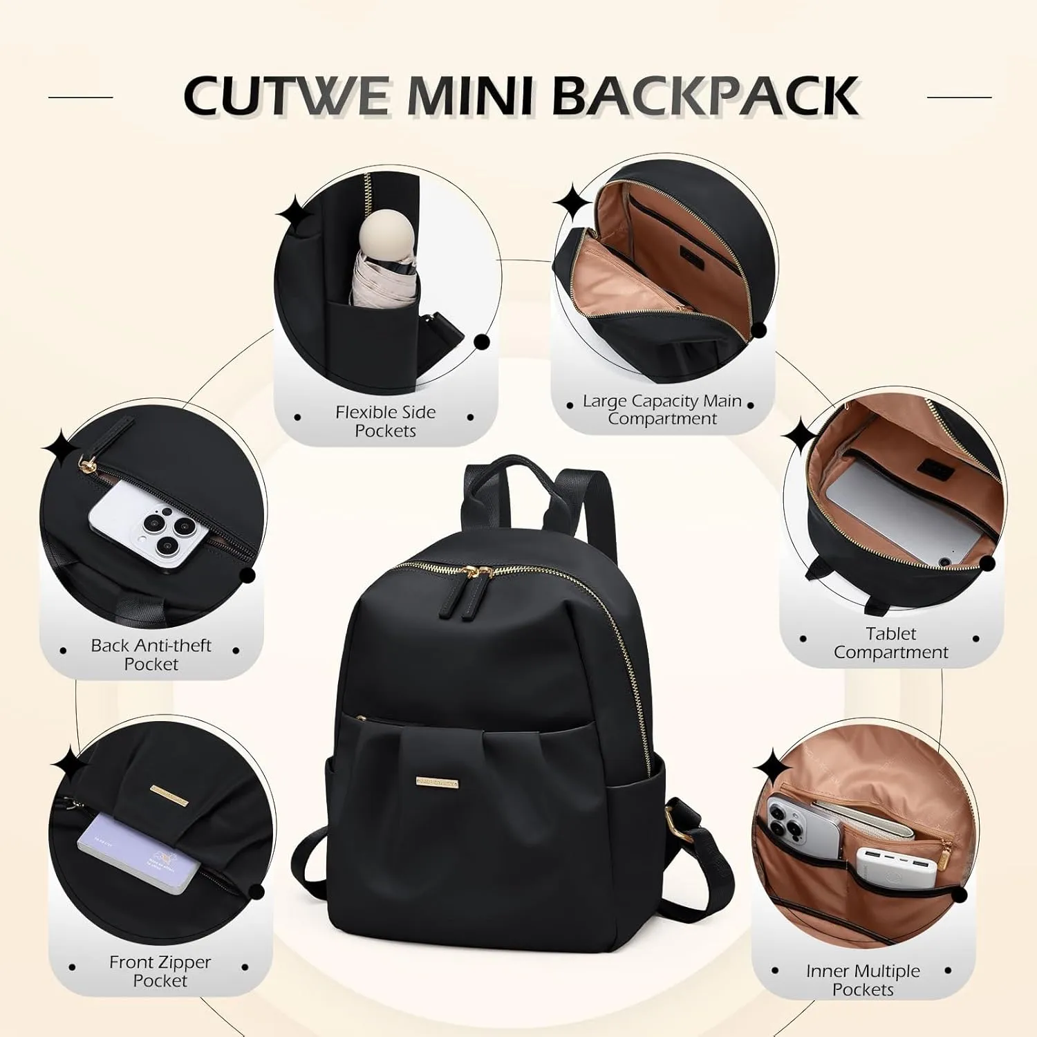 Backpack for Women, Small Cute Backpack Purse Lightweight Casual Daypack Backpack for Travel Mini Backpacks for Ladies College Work,9.7Inch,Black