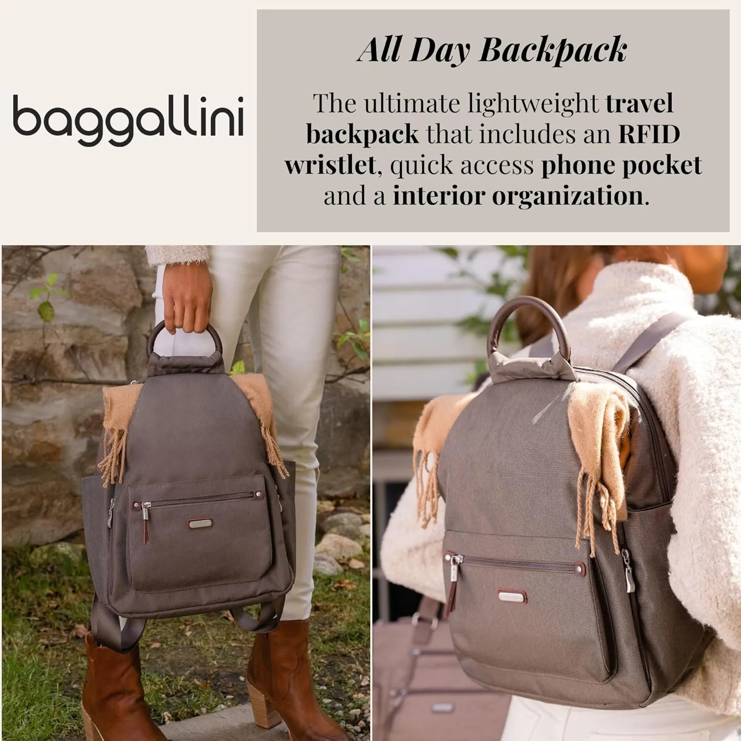 Baggallini Women's All Day Backpack, Black Cheetah Emboss, One Size