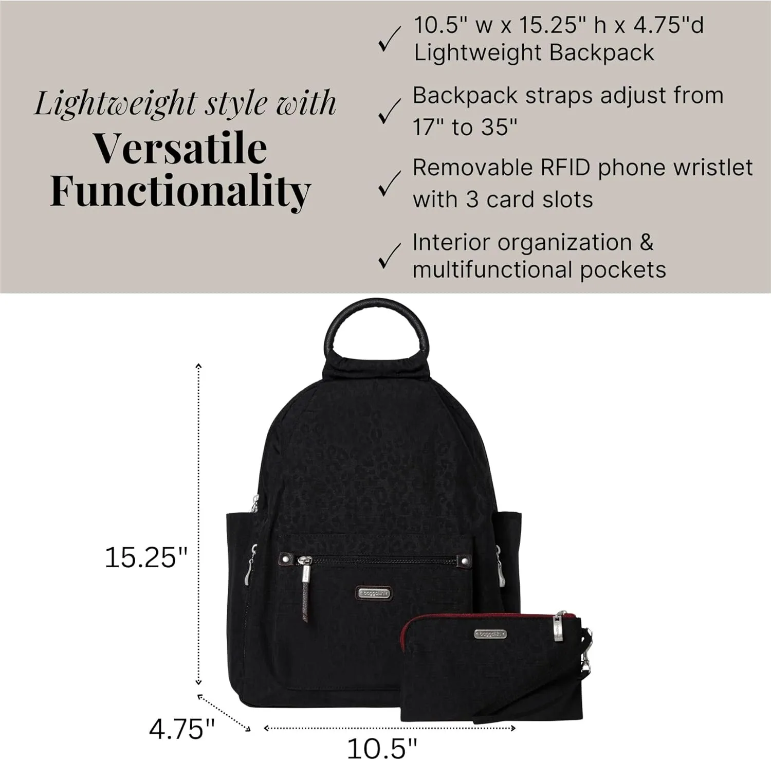 Baggallini Women's All Day Backpack, Black Cheetah Emboss, One Size