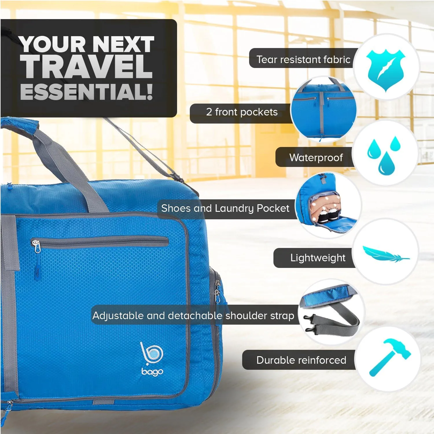 Bago Foldable Duffel Bags for Traveling Women & Men - 60L Medium Packable Duffle Bag for Travel with Shoe Compartment - Water Repellant, Heavy Duty, Lightweight Folding & Collapsible (Blue)