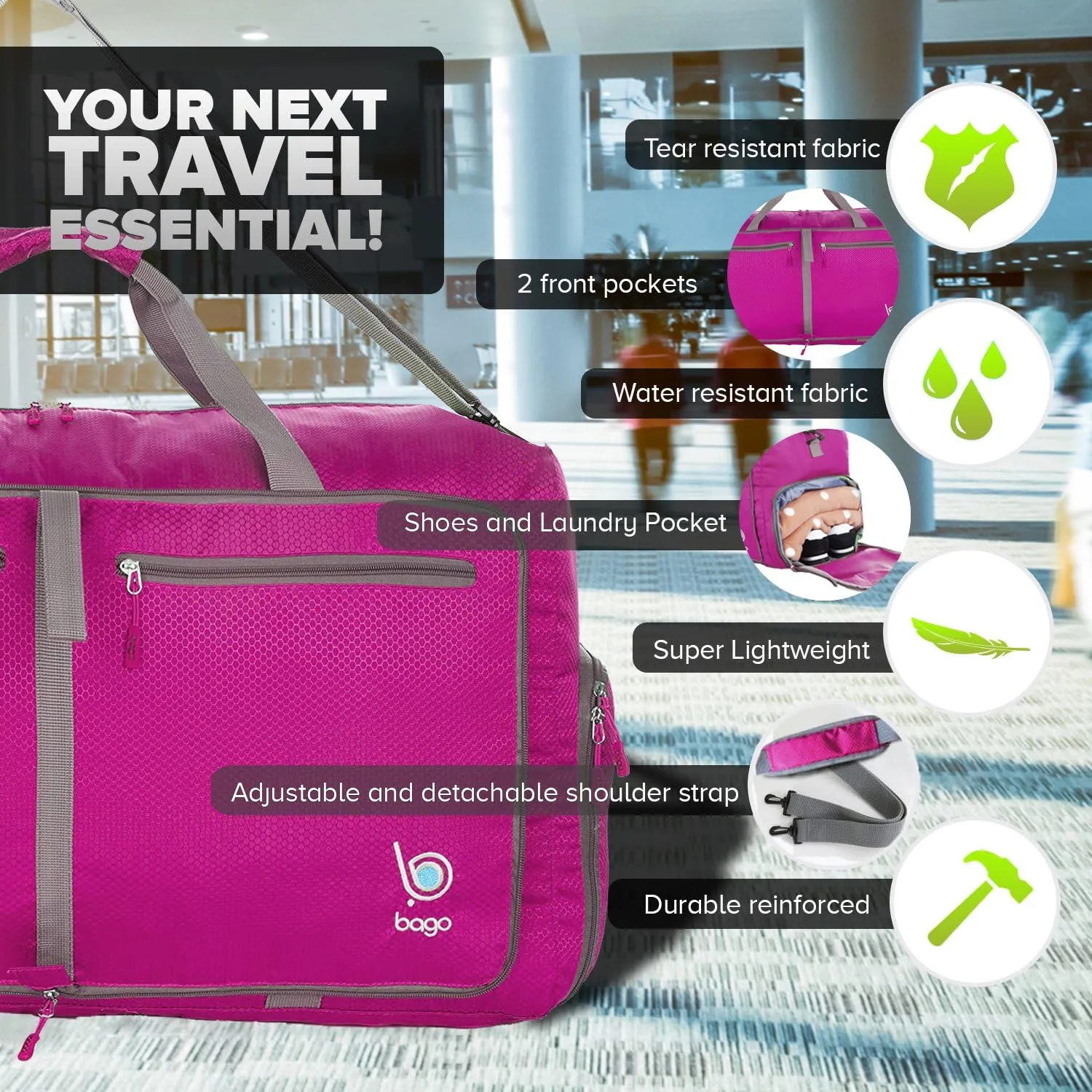 Bago Large Foldable Duffel Bags for Traveling Women & Men - 80L Packable Duffle Bag for Travel with Shoe Compartment - Water Repellant, Heavy Duty, Lightweight Folding & Collapsible (Pink)