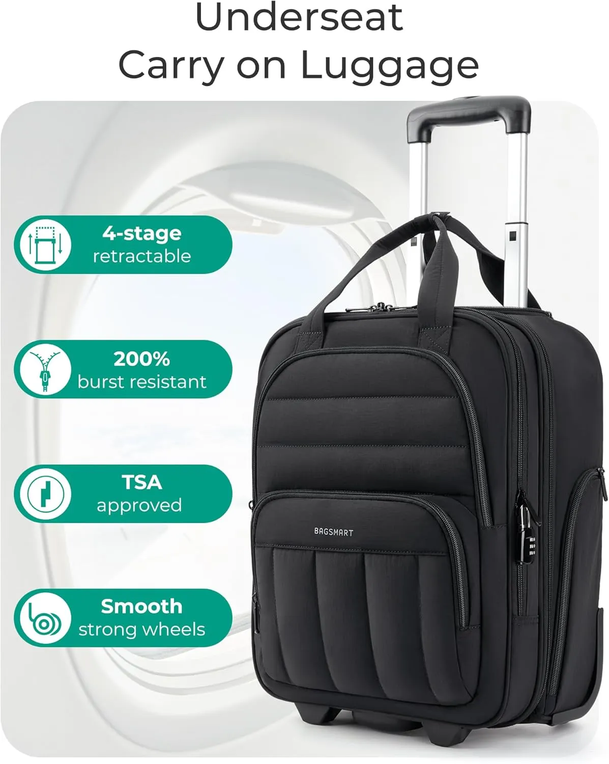 BAGSMART Underseat Carry on Luggage with Wheels, 16-inch Under Seat Luggage, Lightweight Travel Luggage Travel Suitcase for Women, Personal Item Bag, Black