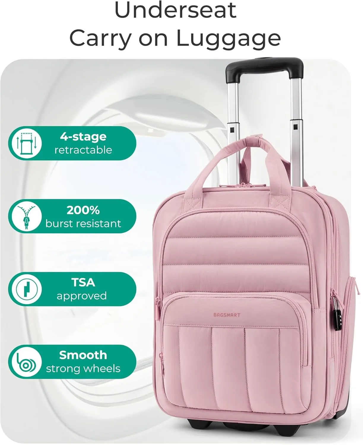 BAGSMART Underseat Carry on Luggage with Wheels, 16-inch Under Seat Luggage, Lightweight Travel Luggage Travel Suitcase for Women, Personal Item Bag, Blush Pink