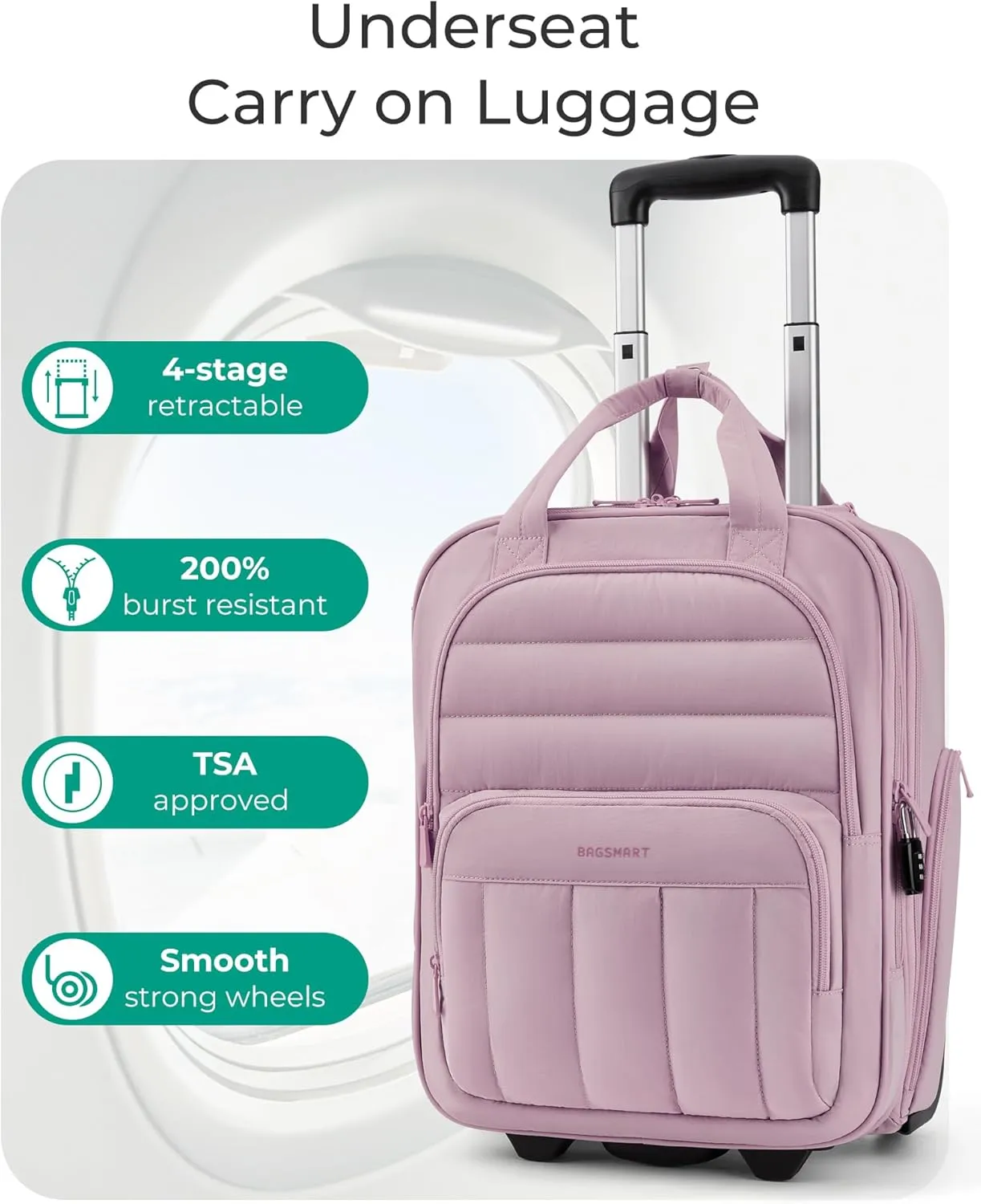 BAGSMART Underseat Carry on Luggage with Wheels, 16-inch Under Seat Luggage, Lightweight Travel Luggage Travel Suitcase for Women, Personal Item Bag, Mist Purple