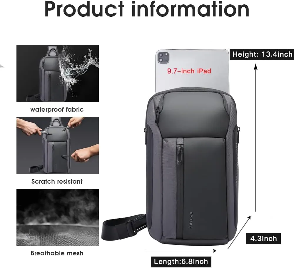 BANGE Sling Bag, Waterproof Men's Chest Bag Shoulder bags Crossbody Sling Backpack for Men
