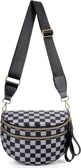 Bum Bags for Women Crossbody,Nylon Checkered Crossbody Bag Black and White Checkered Purse Oversized Slouchy Belt Bag