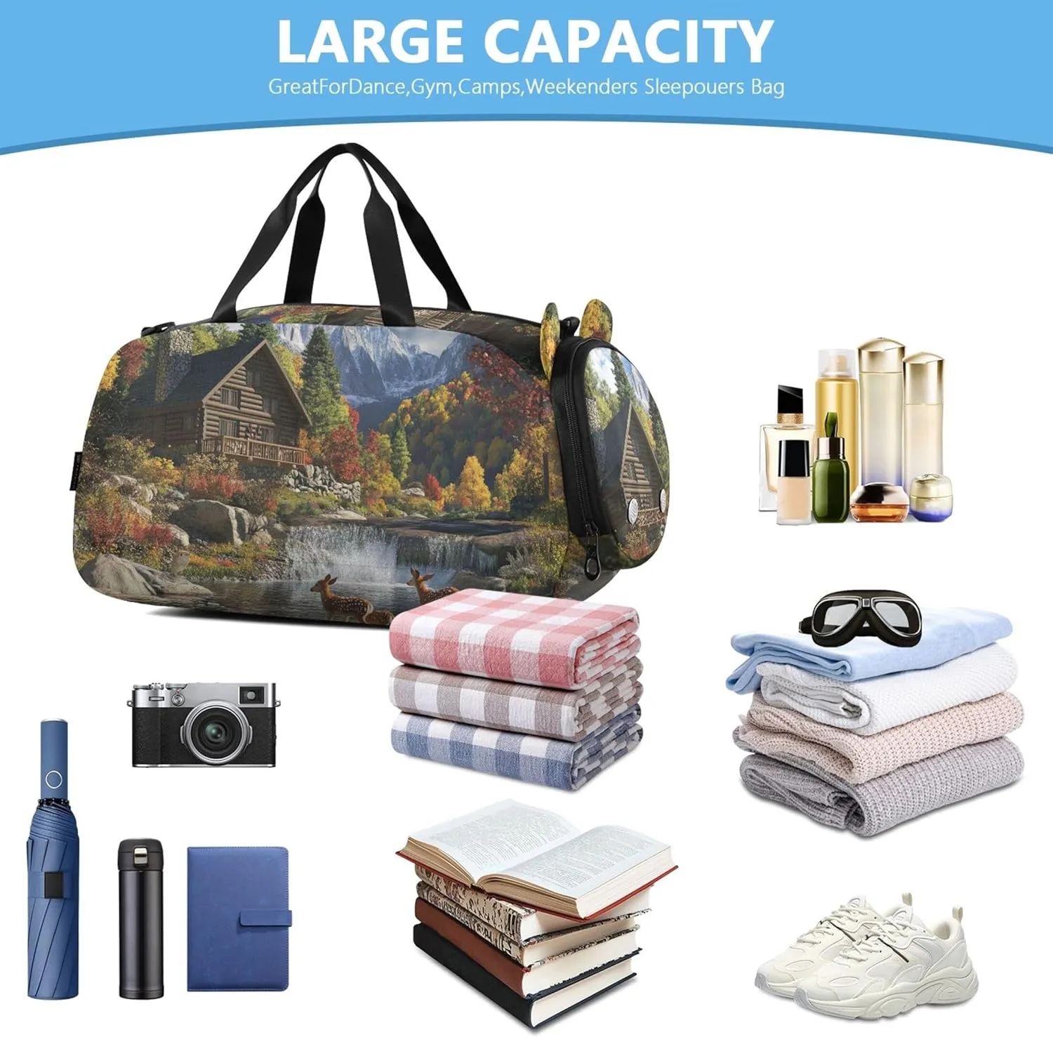 Cabin Mountains Girls Tote Duffle Bags Travel Overnight Weekender Duffel Duffle Bag for Kids Carry on Duffel Bag Boy