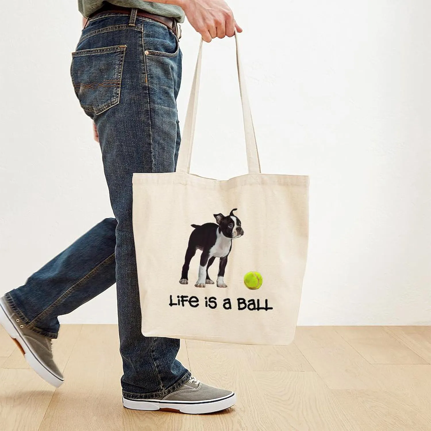 CafePress Boston Terrier Life Tote Bag Reusable Natural Beige Canvas Shopping Bag