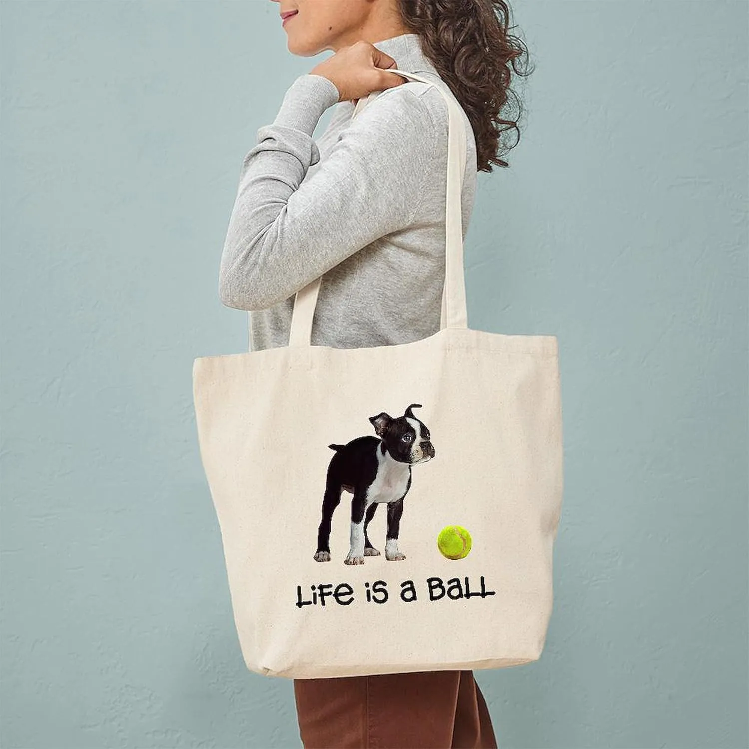 CafePress Boston Terrier Life Tote Bag Reusable Natural Beige Canvas Shopping Bag