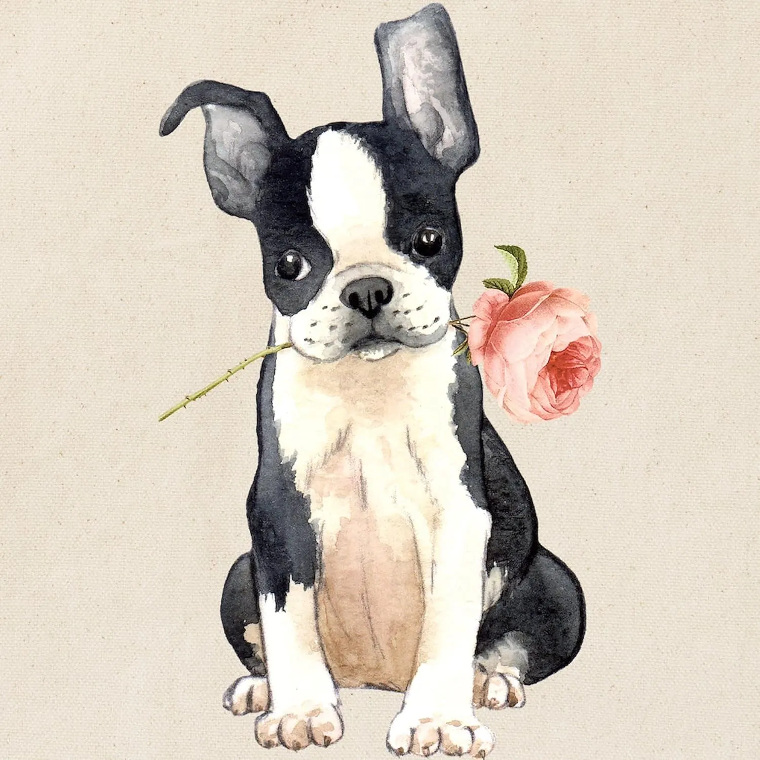 CafePress Boston Terrier Rose Tote Bag Reusable Natural Beige Canvas Shopping Bag