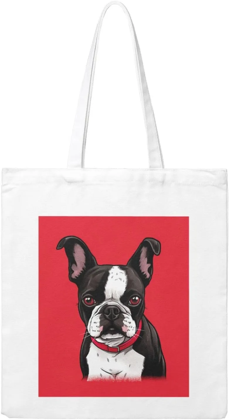 Canvas Aesthetic Tote Bag for Women Handbag Boston Terrier Dog Red Reusable Grocery Bags with Handles