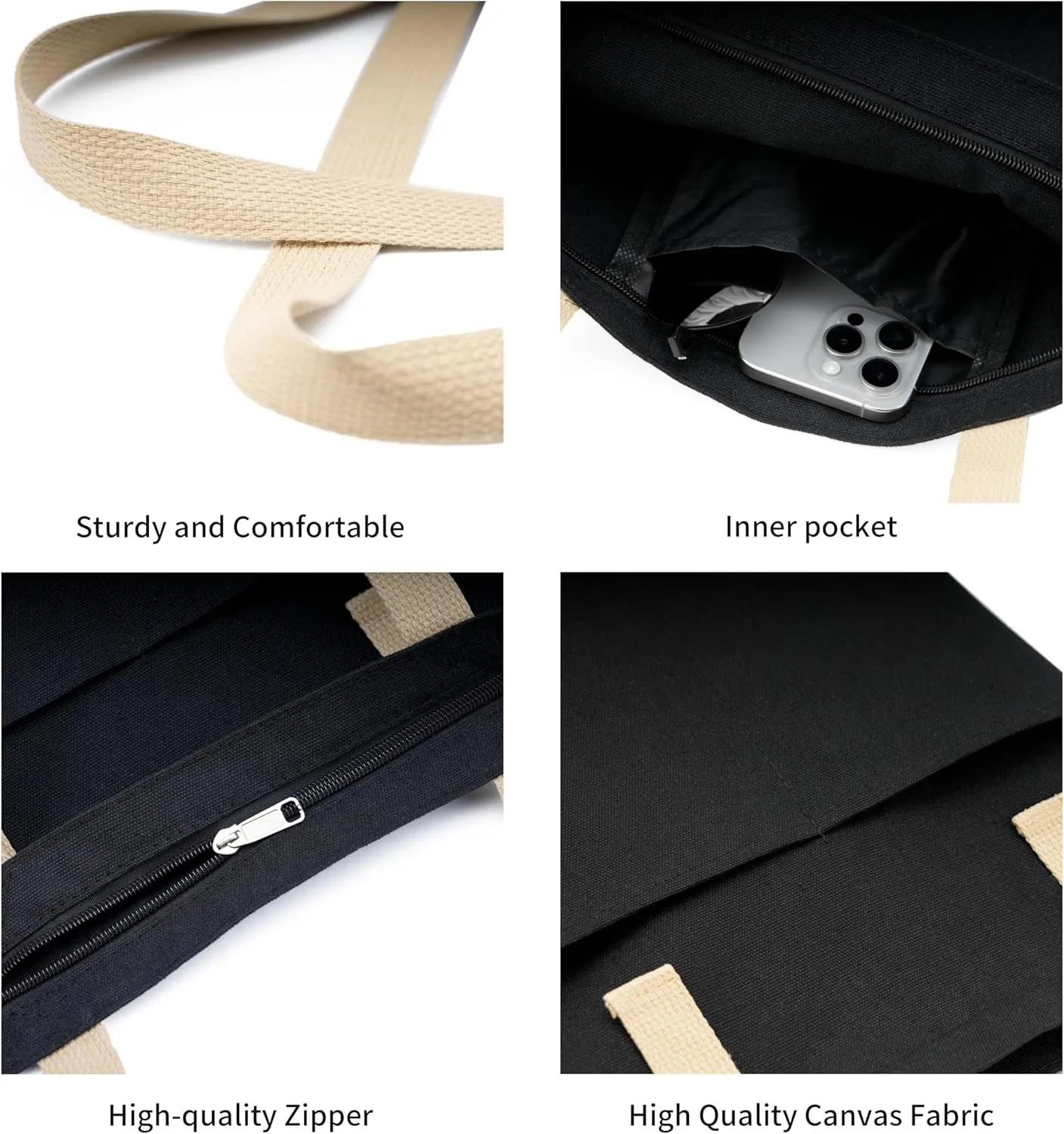 Canvas Aesthetic Tote Bag with Zipper and Pockets for Women Men