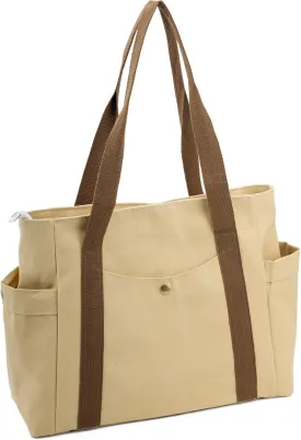 Canvas Tote Bag with Zipper, Multiple Pockets for Daily Essentials, Travel, Work