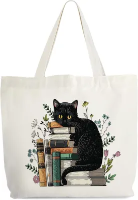 Cat and Book Tote Bag for Women, Floral Book Cat Tote, Bookish Tote, Book Lover Gift Bag, Black Cat Library Book Bag, Reading Shoulder Bag Gifts for Book Lovers Cat Lovers Cat Mom Librarian Friend -58