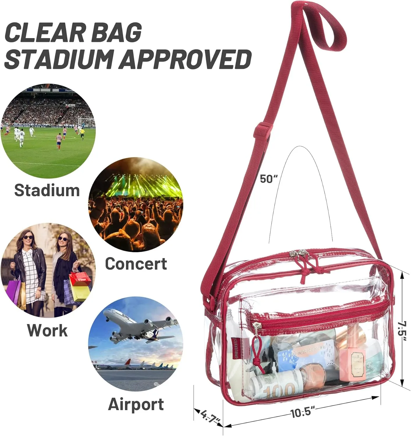 Clear messenger shoulder bag plastic womens crossbody stadium transparent purse work concerts see through