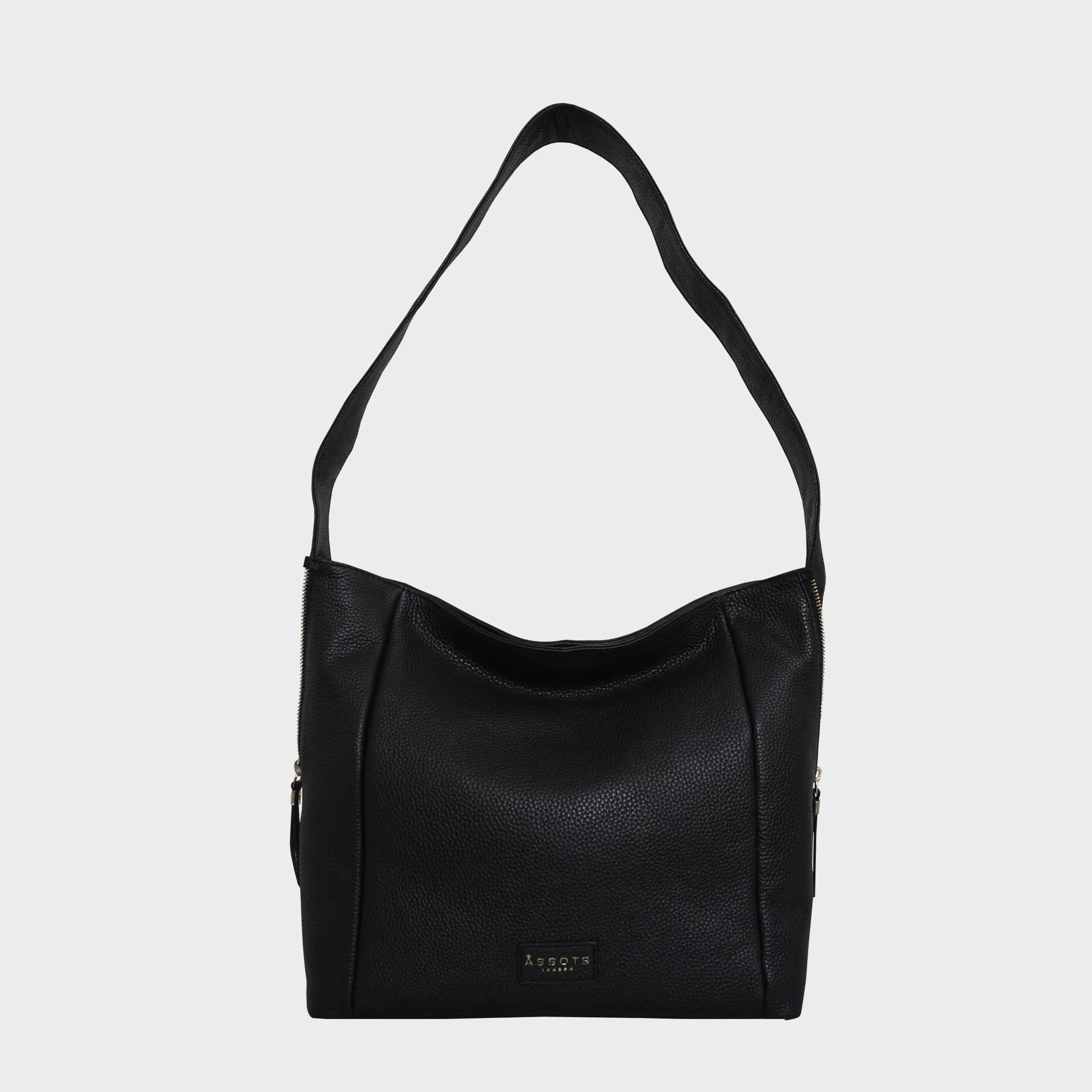 'COURTNEY' Black Pebble Grain Leather Slouchy Hobo Bag