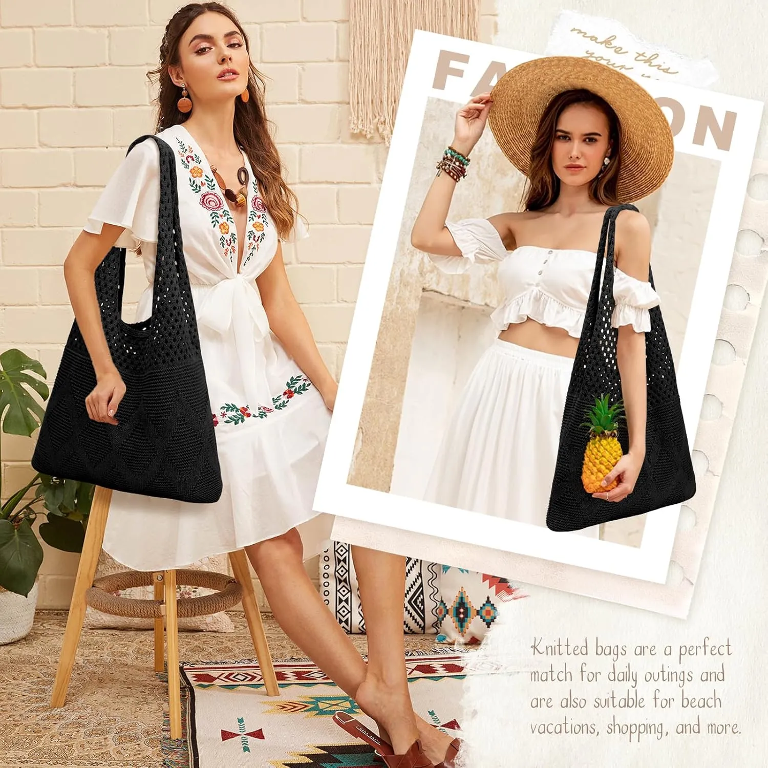EIMMBD Crochet Bags for Women Beach Totes Bags Aesthetic Summer Tote Shoulder Hippie Bag Knit Bag