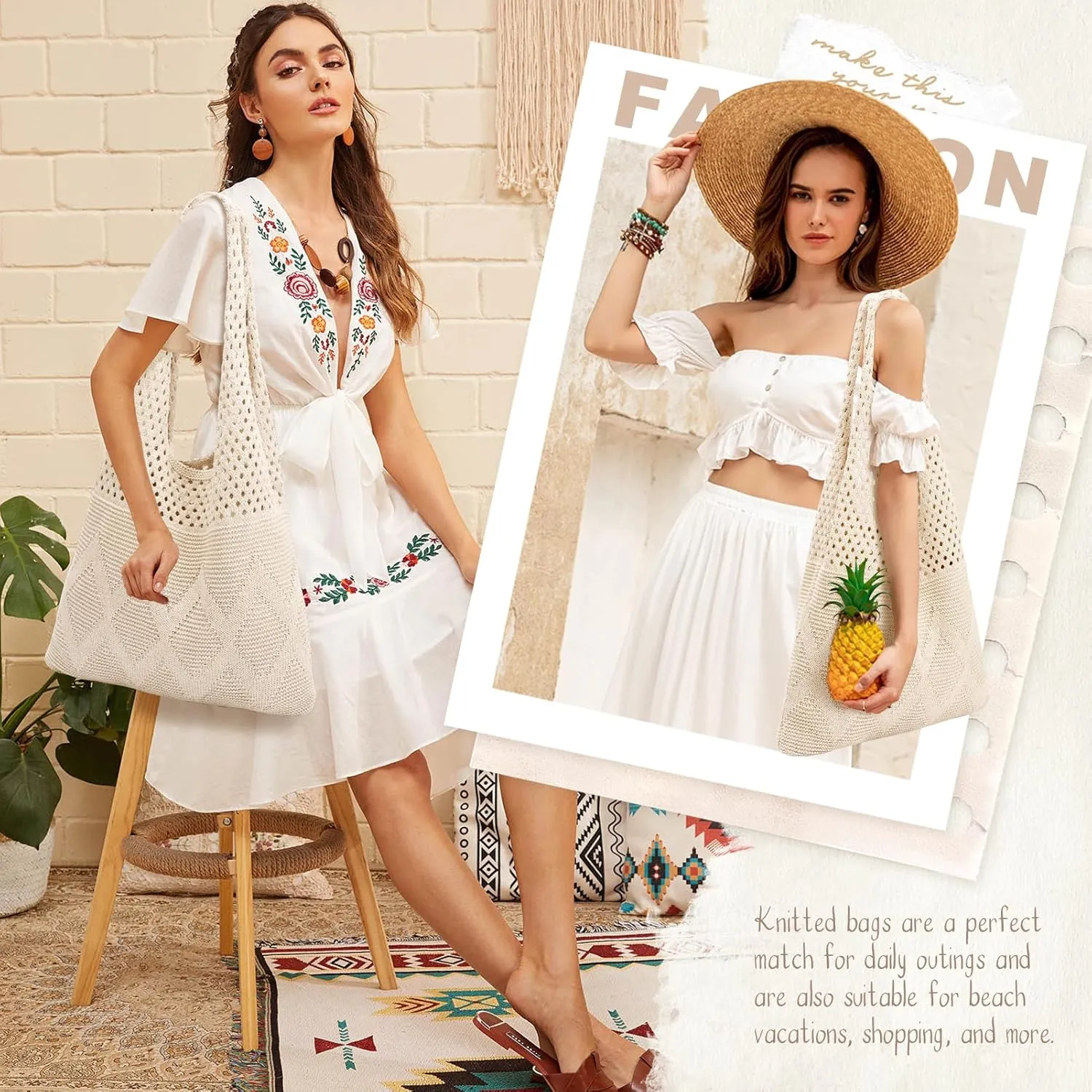 EIMMBD Crochet Bags for Women Beach Totes Bags Aesthetic Summer Tote Shoulder Hippie Bag Knit Bag
