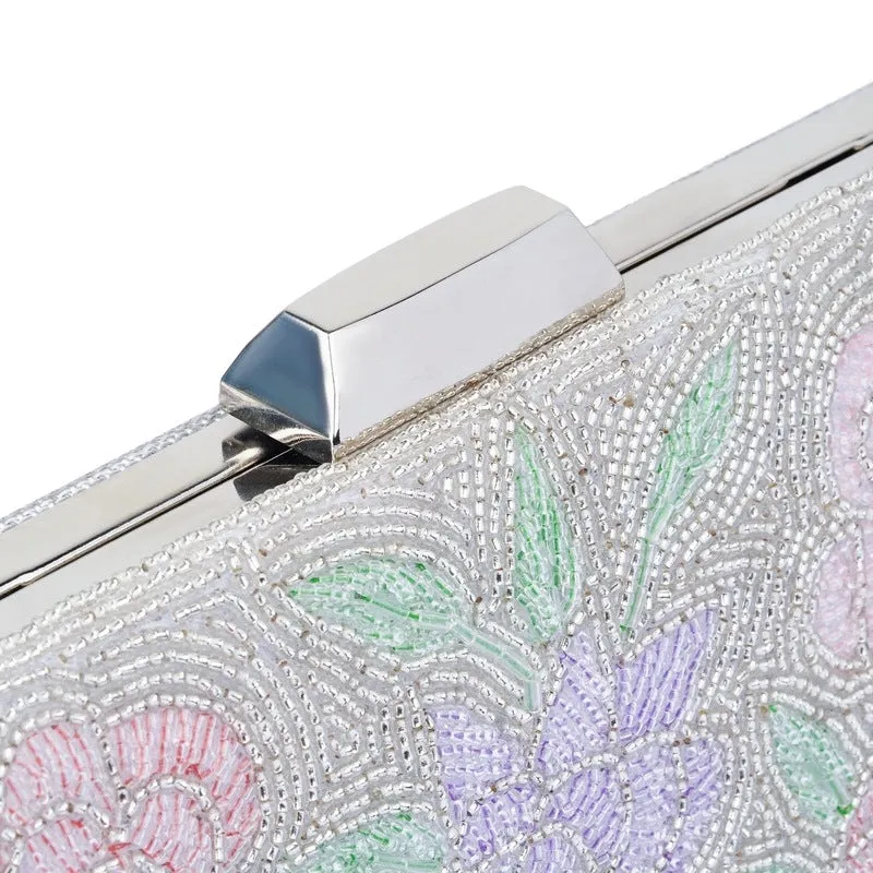 Elegant Clutch with Floral Bead Work | Detachable Chain Strap | 22x3x13 cm | Silver