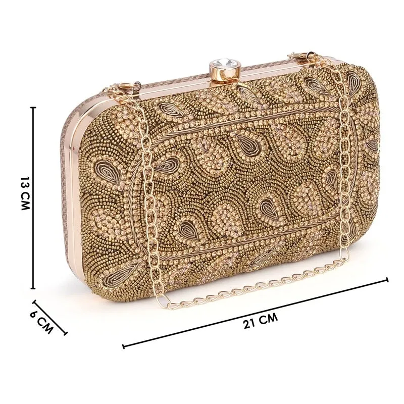 Elegant Clutch with Floral Bead Work | Detachable Chain Strap | 22x3x13 cm | Silver