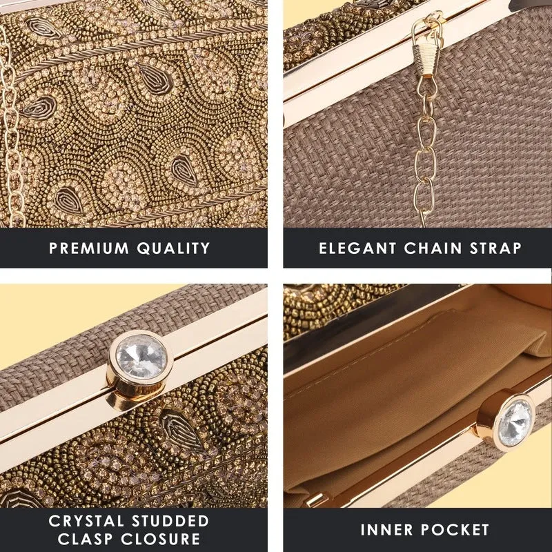 Elegant Clutch with Floral Bead Work | Detachable Chain Strap | 22x3x13 cm | Silver