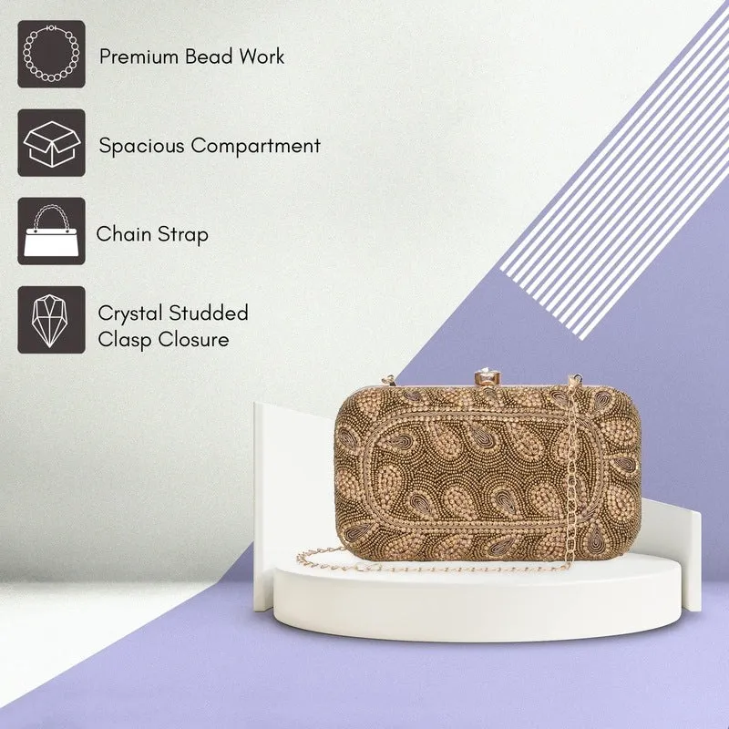 Elegant Clutch with Floral Bead Work | Detachable Chain Strap | 22x3x13 cm | Silver