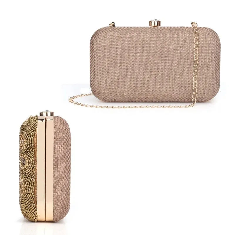 Elegant Clutch with Floral Bead Work | Detachable Chain Strap | 22x3x13 cm | Silver