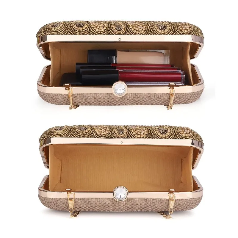Elegant Clutch with Floral Bead Work | Detachable Chain Strap | 22x3x13 cm | Silver