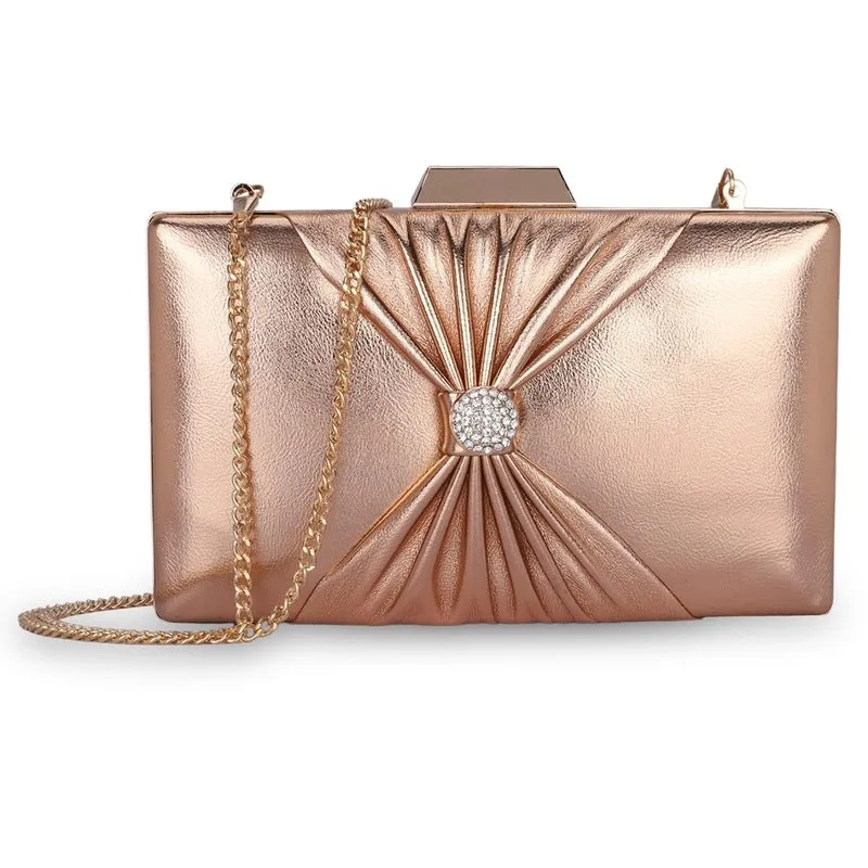 Elegant Faux Leather Clutch - Detachable Chain Strap | 21x3x13 cms | Ritzy Peach