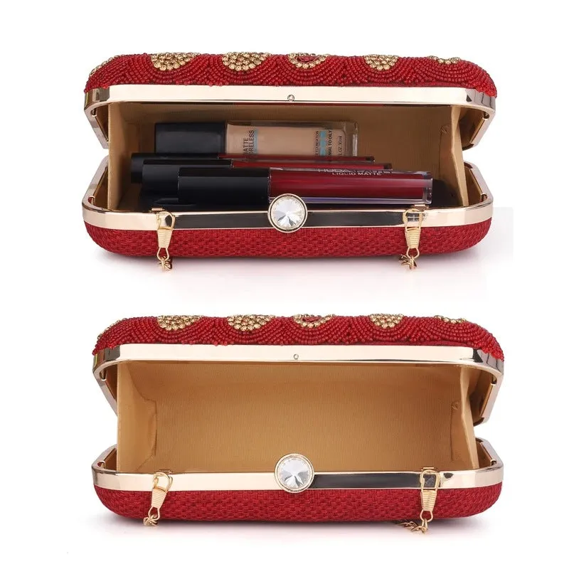 Elegant Womens Party Clutch with Floral Bead Work | Detachable Shoulder Chain | 20x7x13 cms | Maroon